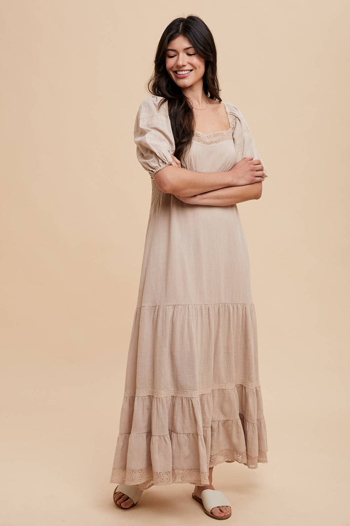Linen Color Lace Inset Maxi Dress for Elegant Occasions