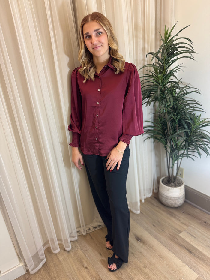 Merlot Satin Smocked Sleeve Button-Up | SeaJay’s Boutique