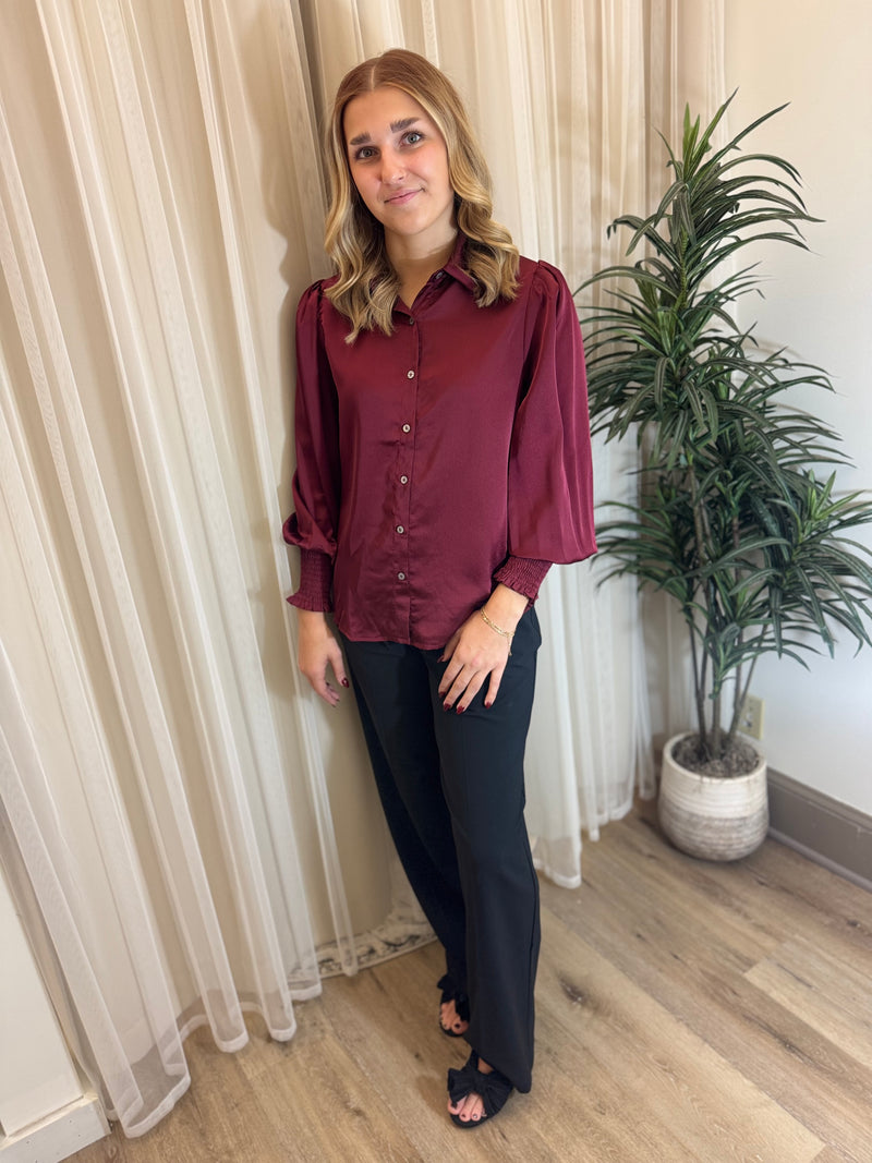 Merlot Satin Smocked Sleeve Button-Up | SeaJay’s Boutique