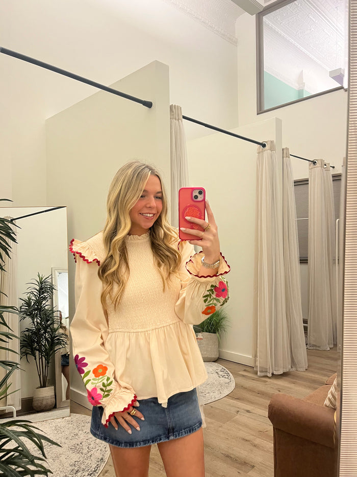 Cream Peplum Top with Embroidered Floral Sleeves
