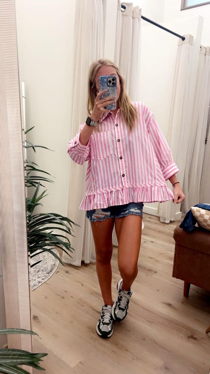 Oversized Striped Button Down Ruffle Blouse with Chest Pocket