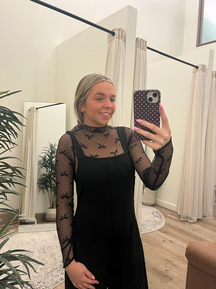 High Neck Fitted Sheer Mesh Bows Lace Knit Top Long Sleeve