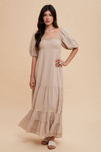 Linen Color Lace Inset Maxi Dress for Elegant Occasions