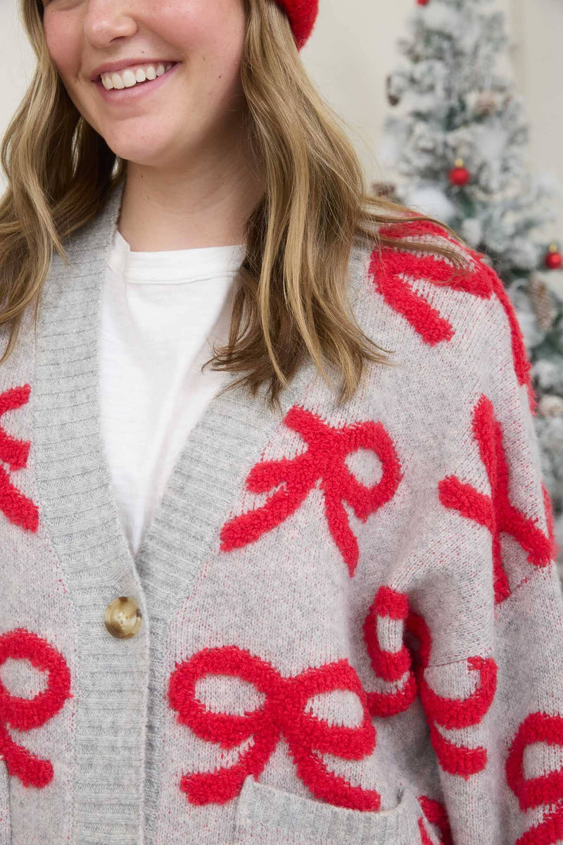 Holiday Bow Jacquard Knit Cardigan Sweater | SeaJay’s Boutique