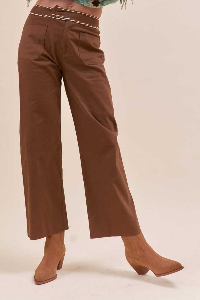 High Waist Wide Leg Pants with Whipstitch Trim