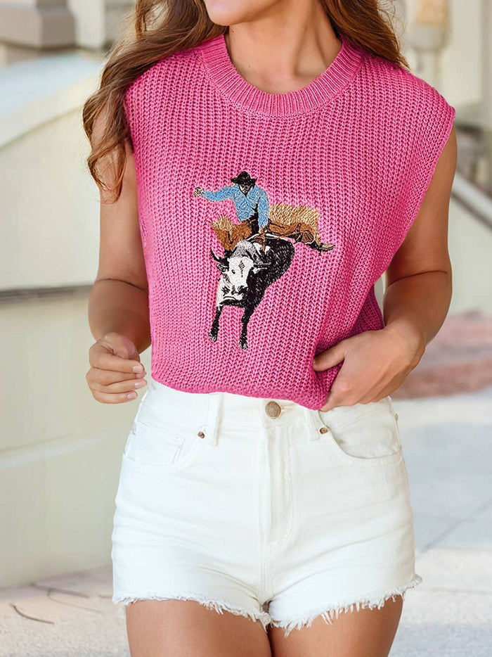 Bright pink Western Cowboy Embroidery Round Neck Sleeveless Sweater perfect for stylish, comfortable outfits.