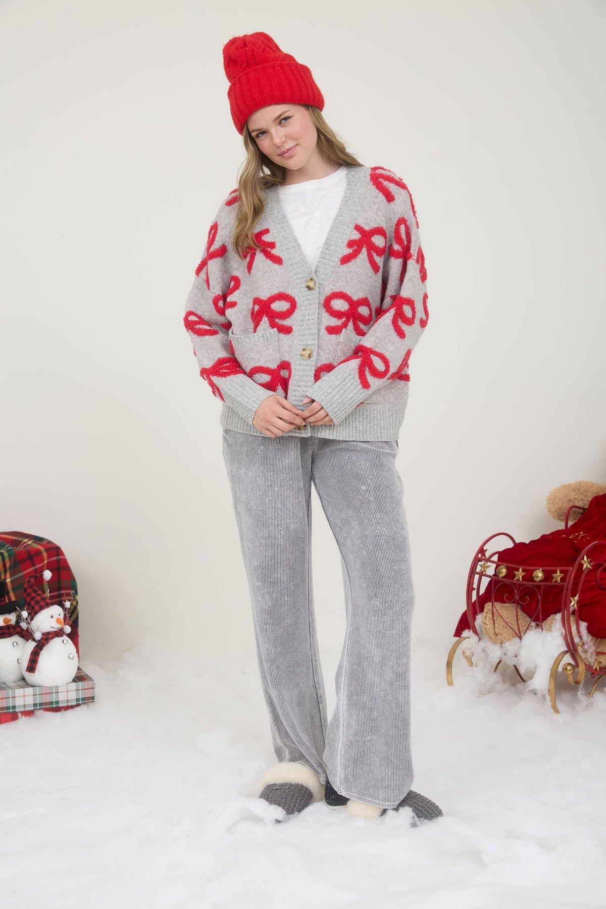 Holiday Bow Jacquard Knit Cardigan Sweater | SeaJay’s Boutique