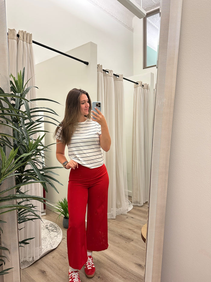 High Waist Wide Leg Cropped Pants- Red