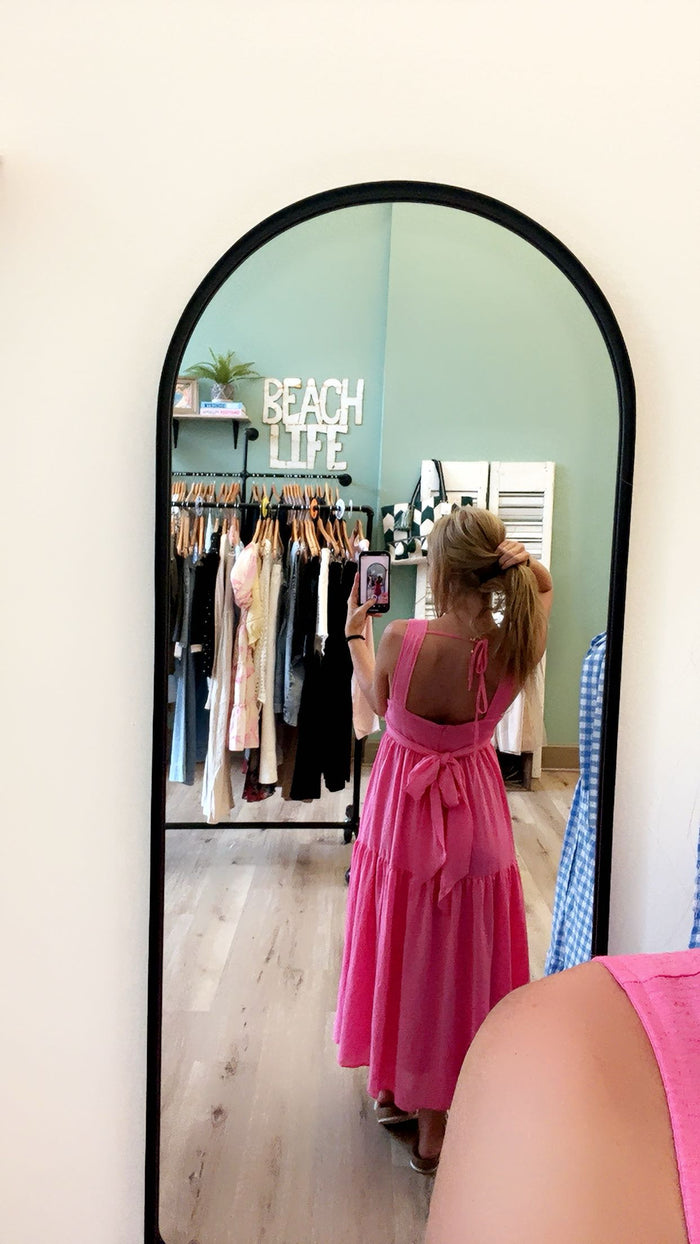 Elegant Pink Midi Dress – Twist Front, Lined, Back Bow