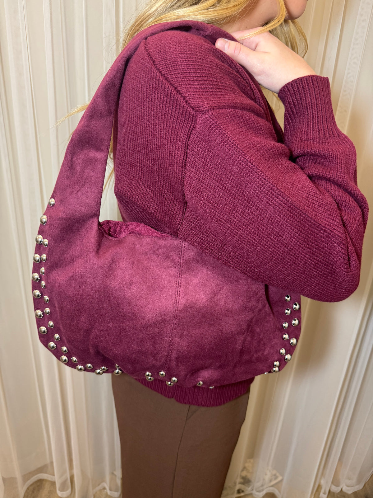 Burgundy Studded Suede Shoulder Bag – Holiday Statement Purse