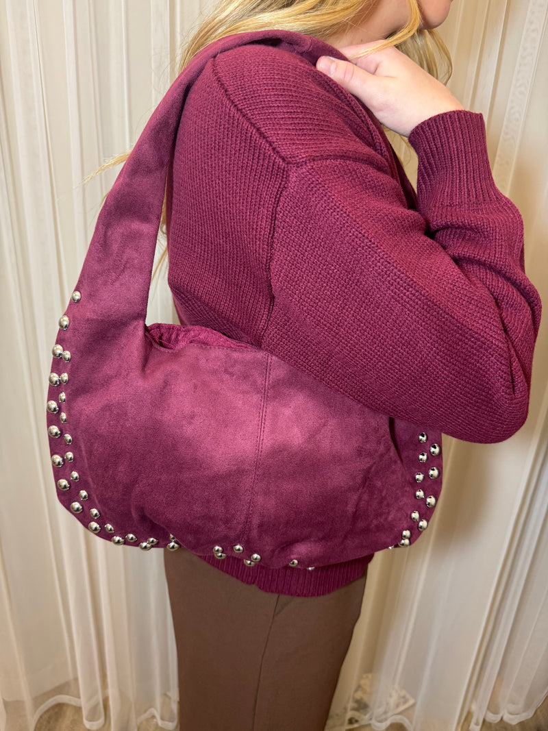 Burgundy Studded Suede Shoulder Bag – Holiday Statement Purse
