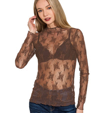 High Neck Fitted Sheer Mesh Lace Knit Top