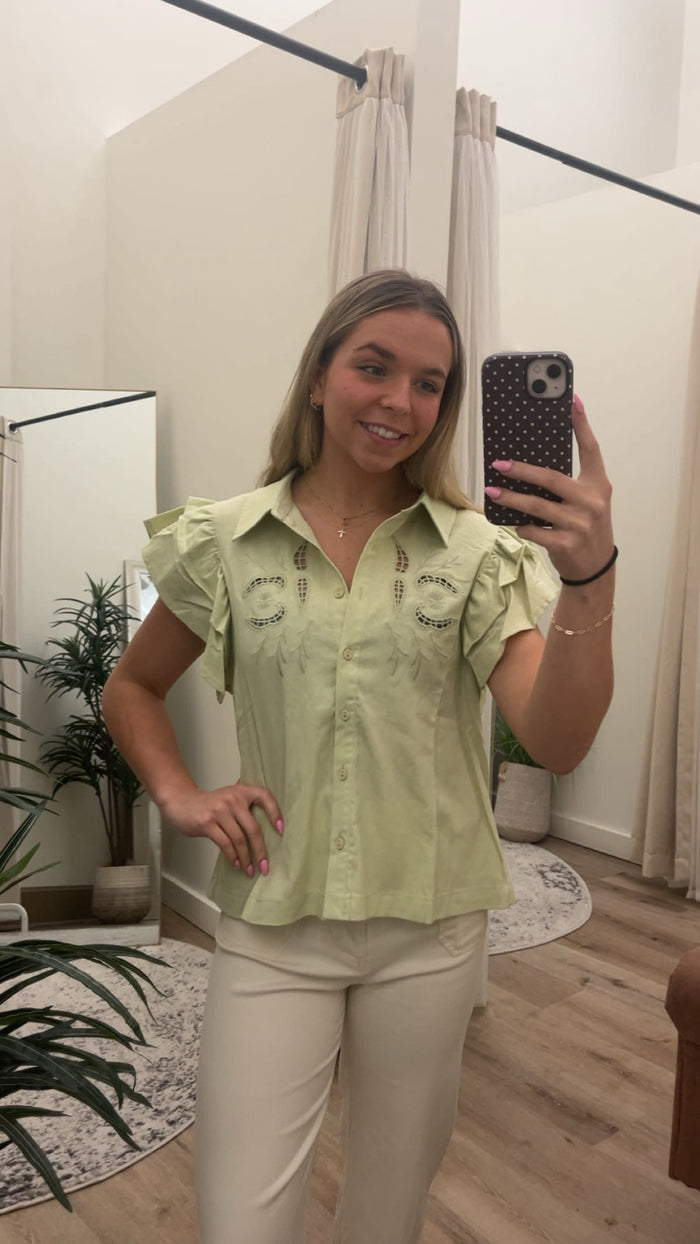 Embroidered Cutout Button Down Top Cap Sleeve Sage Lime