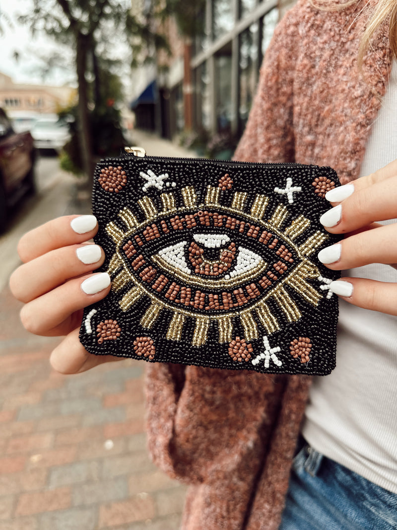 Black and Gold Eye Beaded Coin Purse