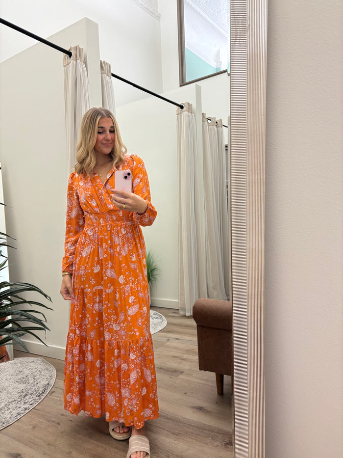 Tiered Orange Paisley Maxi Dress with Notched Neckline