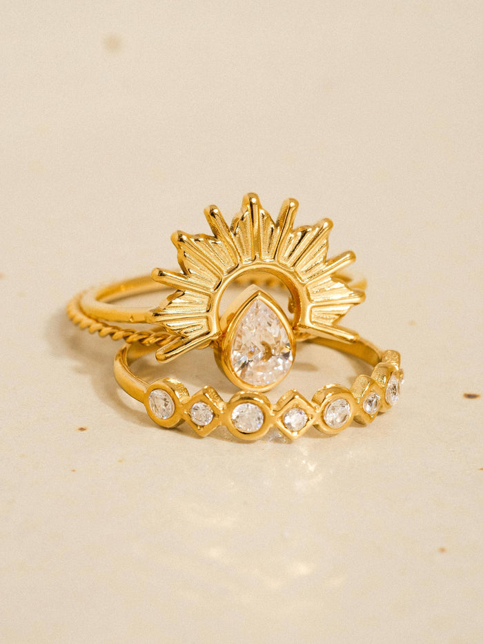 Françoise 18K Gold Non-Tarnish Sun Stone CZ Layered Ring