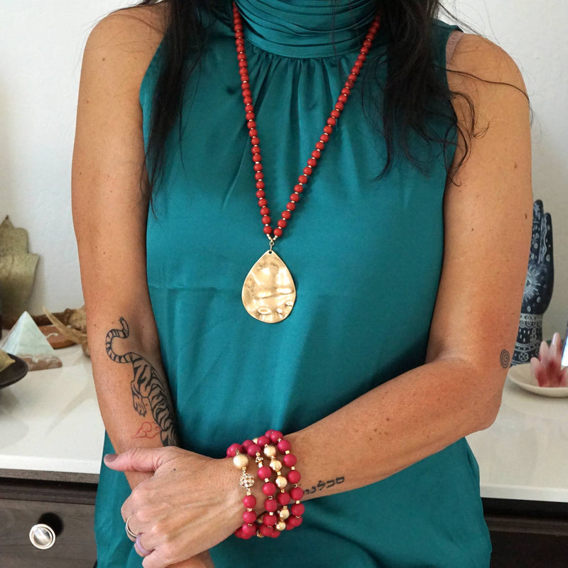 PennyLine inc Italian Jewelry: Long Wooden Bead Necklace with gold coin - Grey