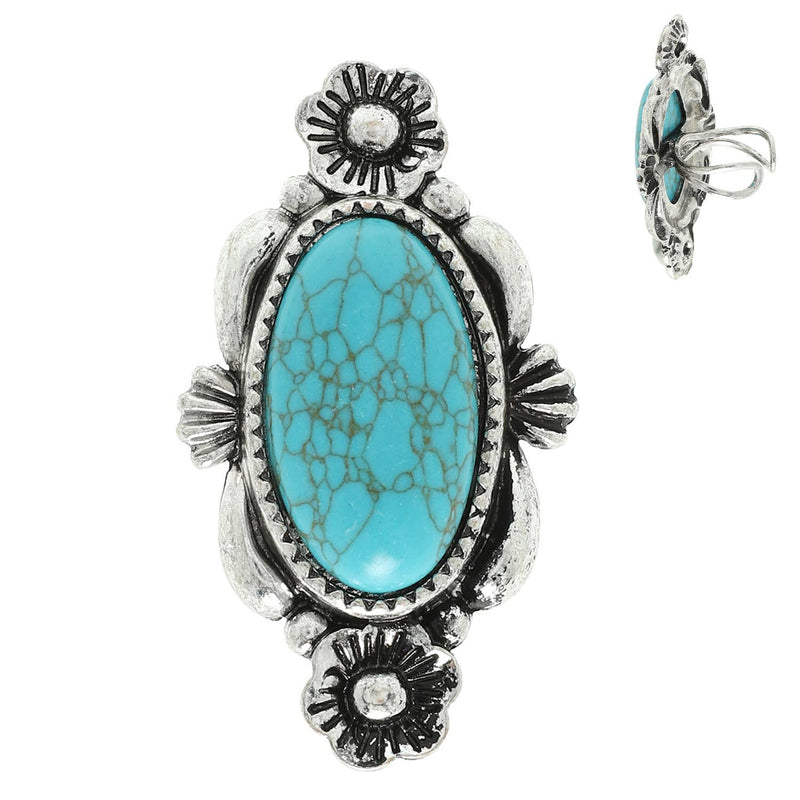 Adjustable cuff ring in silver-tone metal, featuring a floral design and turquoise accent.


