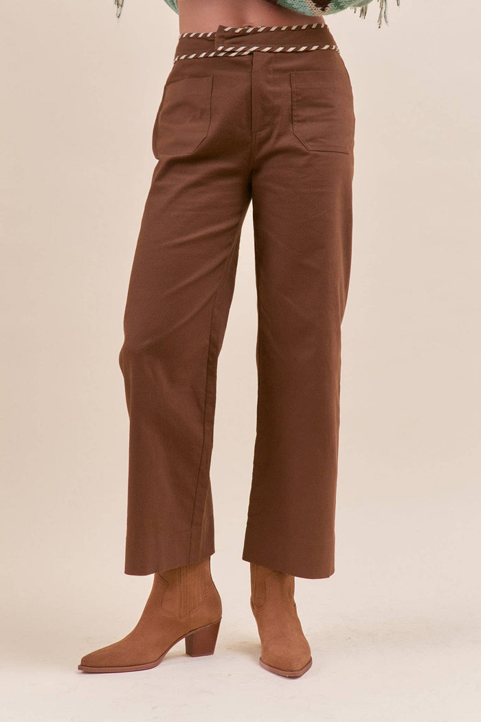 High Waist Wide Leg Pants with Whipstitch Trim