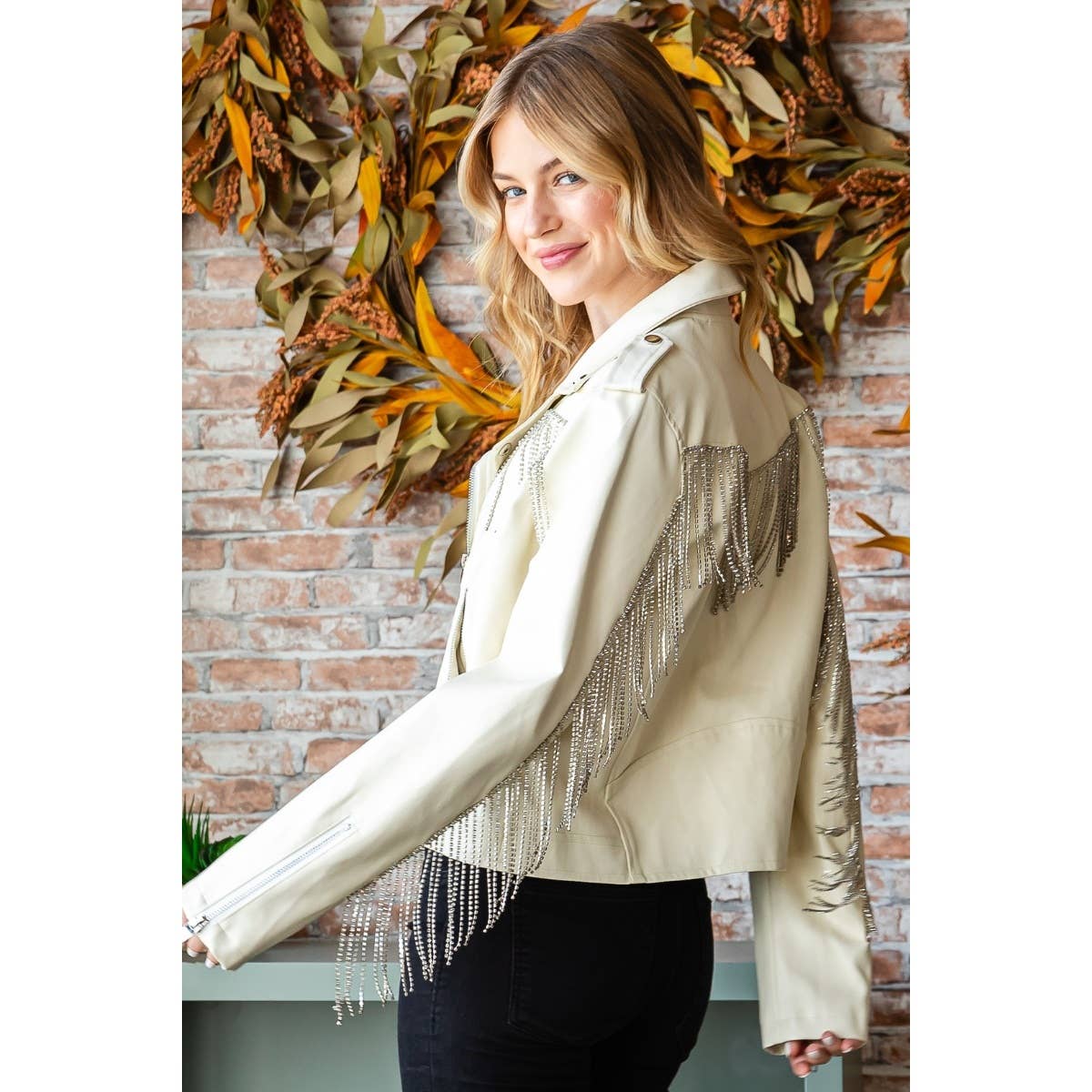 Rhinestone Fringe Faux Leather Moto Jacket for Women