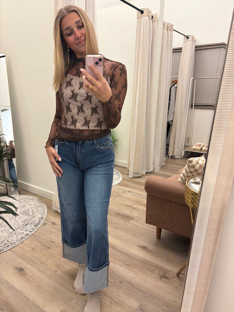 High Rise Wide Leg Cuffed Jeans