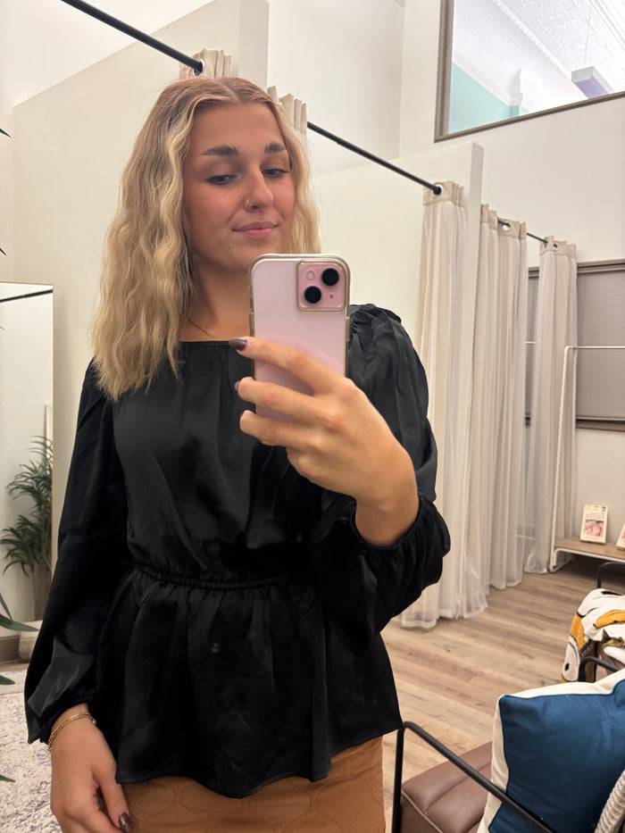 Black Satin Peplum Blouse with Tie Back Detail
