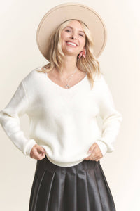 White Bow Back Accent V-Neck Sweater Top