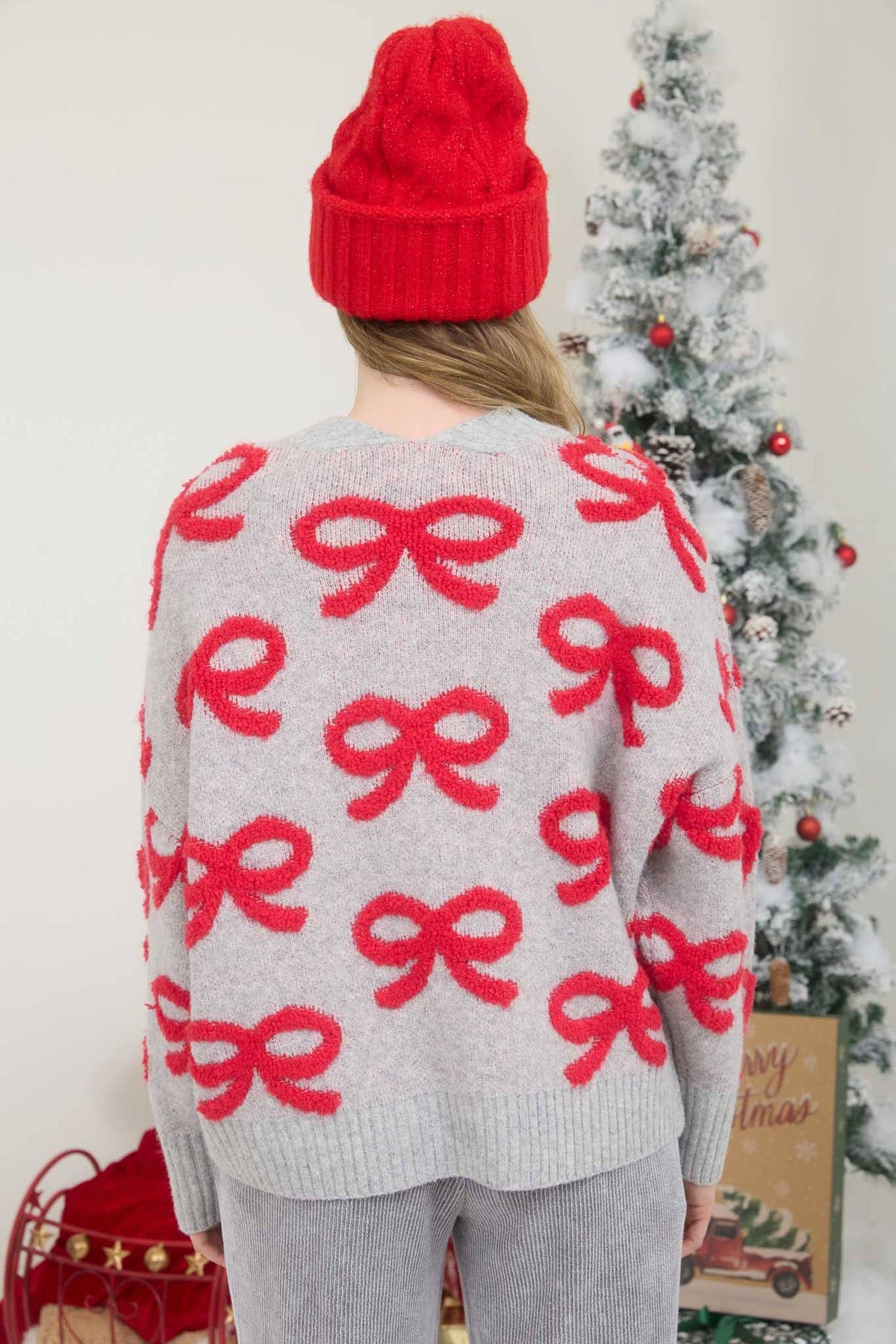 Holiday Bow Jacquard Knit Cardigan Sweater | SeaJay’s Boutique