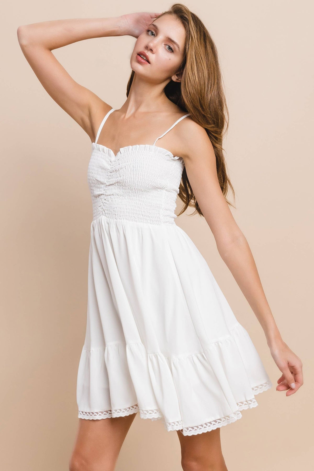 Smocked Babydoll Mini Dress with Lace Trim