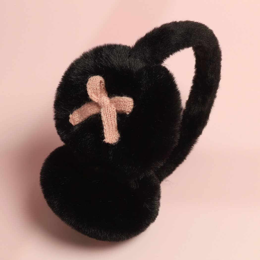 Bow Detailed Faux Fur Luxury Soft Earmuffs Black for Women