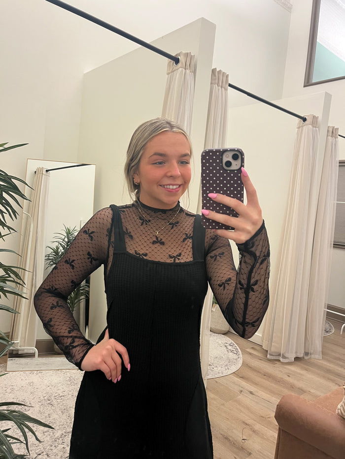 High Neck Fitted Sheer Mesh Bows Lace Knit Top Long Sleeve
