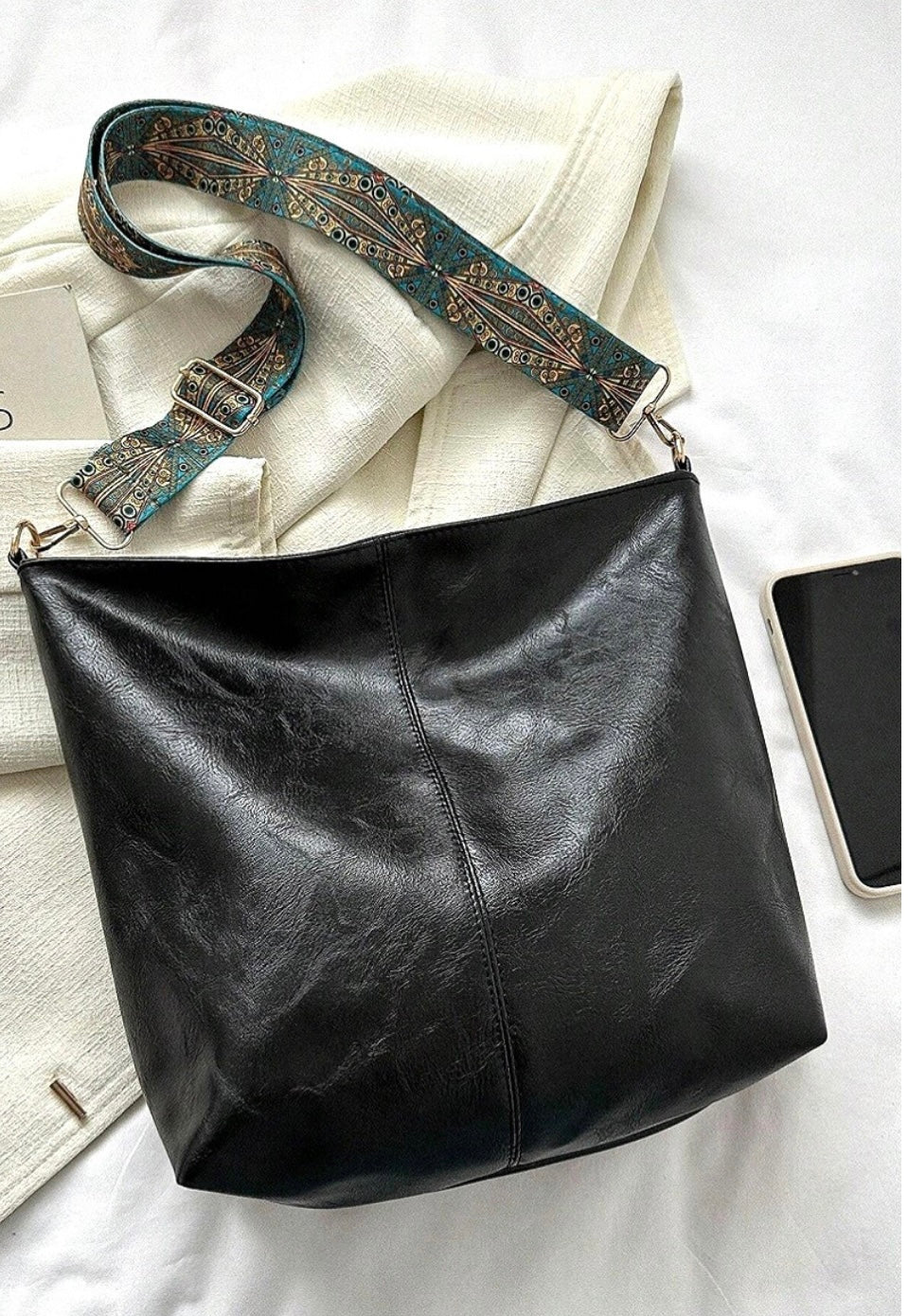 Black Vegan Leather Crossbody Bag with Boho Strap