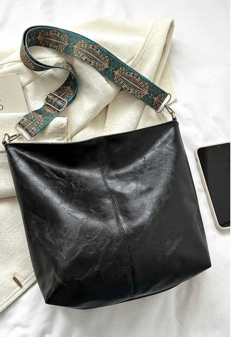 Black Vegan Leather Crossbody Bag with Boho Strap