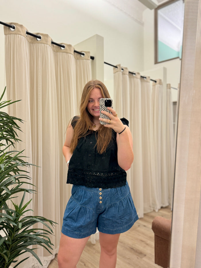 High Rise Tiered Button Front Denim Shorts