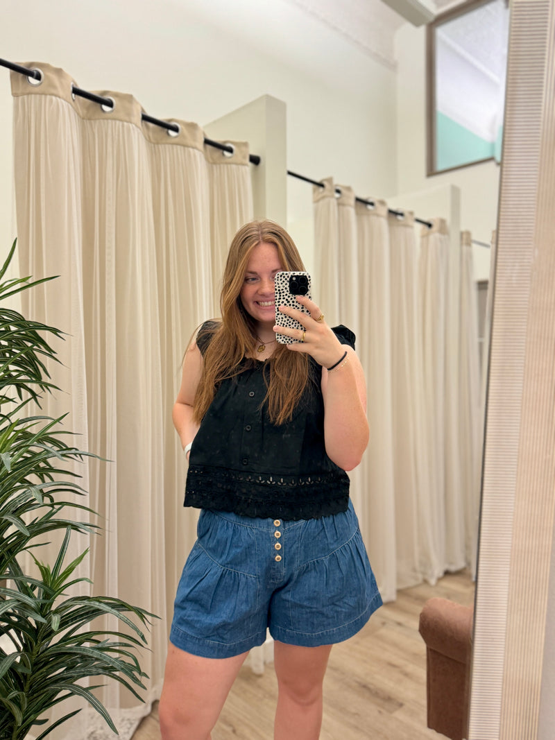 High Rise Tiered Button Front Denim Shorts