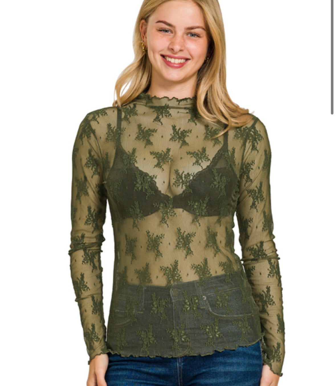 High Neck Fitted Sheer Mesh Lace Knit Top
