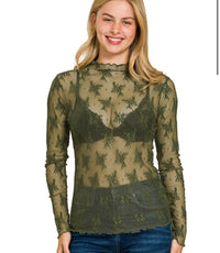 High Neck Fitted Sheer Mesh Lace Knit Top