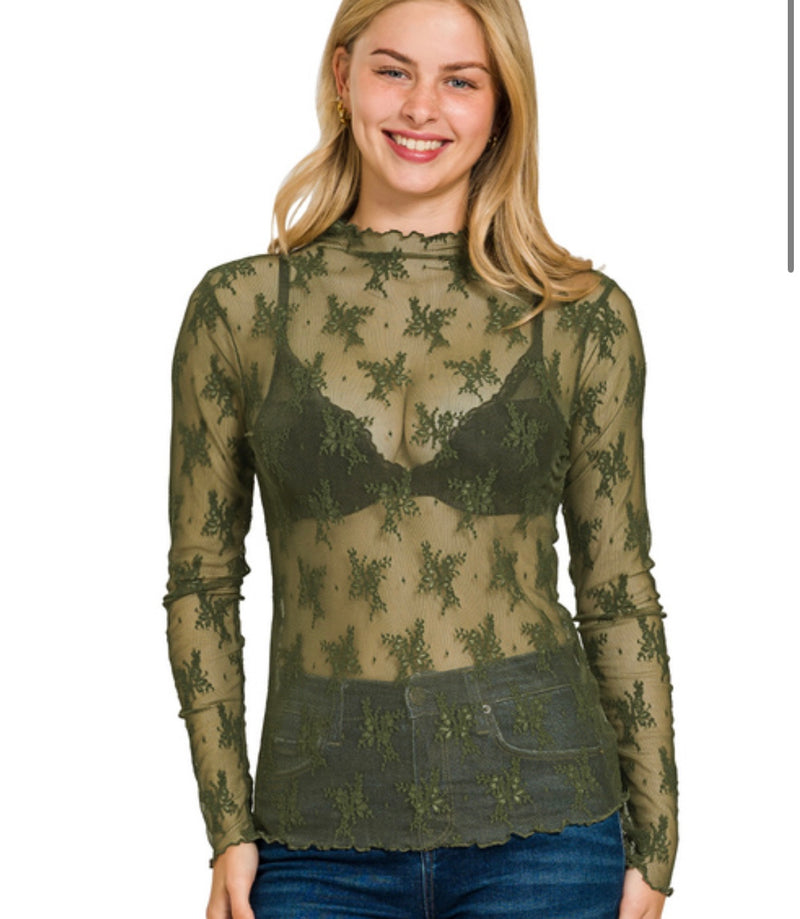High Neck Fitted Sheer Mesh Lace Knit Top