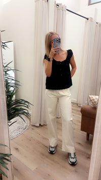 Eyelet Lace Trim Cap Sleeve Button Down Blouse