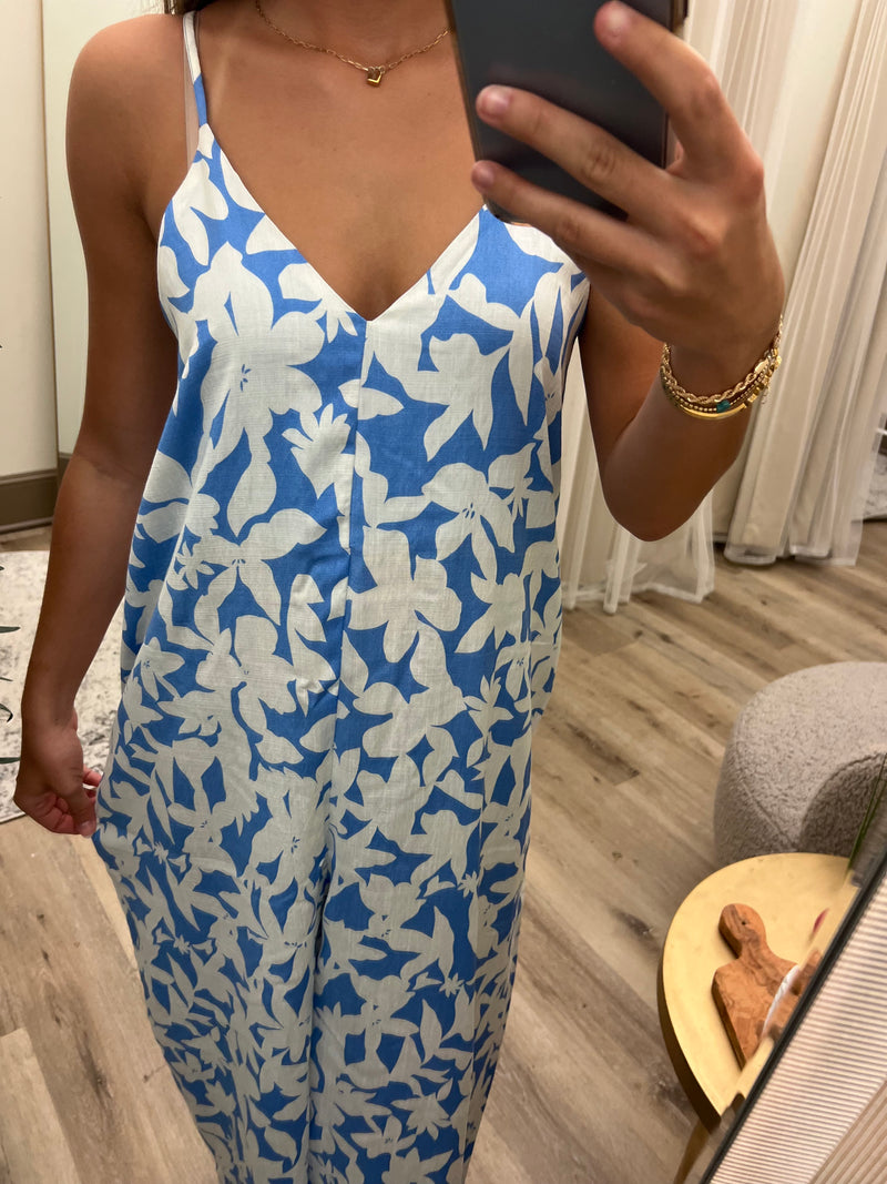 Blue Patterned Jumpsuit – Flowy Chic One-Piece Outfit