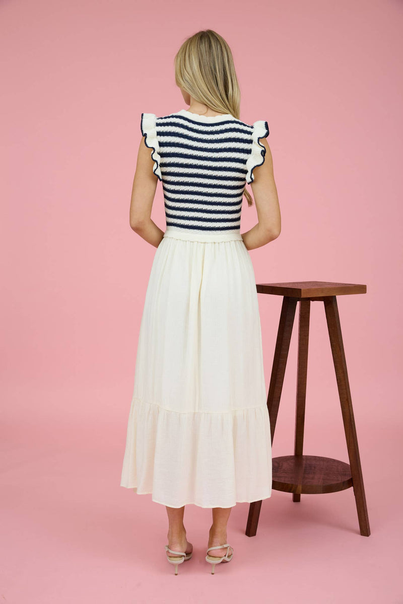 Blu Pepper Maxi Dresses: Womens Stripe Knit Top With Mixed Media Midi Dress