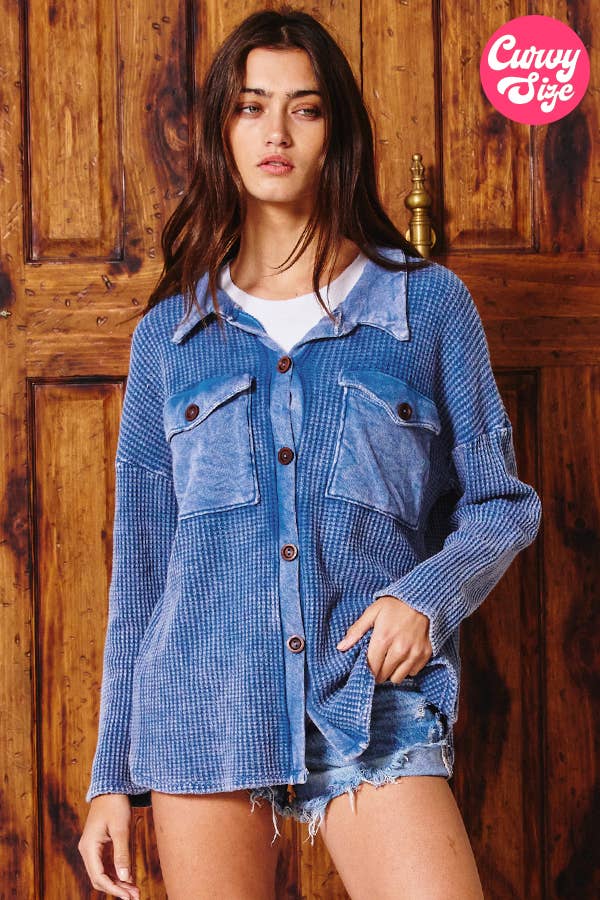 Blue Plus Size Vintage Wash Waffle Knit Shacket Style