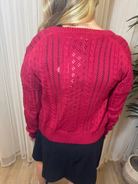 Red Merino Blend Cable Knit Button Cardigan | SeaJay’s Boutique