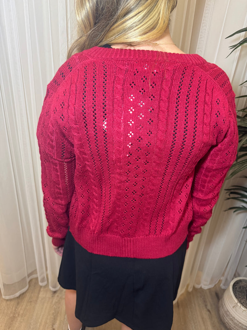 Red Merino Blend Cable Knit Button Cardigan | SeaJay’s Boutique