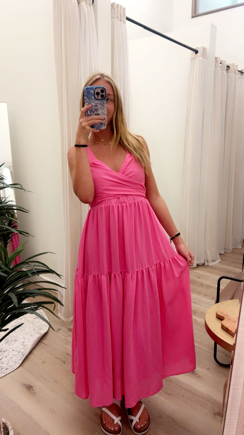 Elegant Pink Midi Dress – Twist Front, Lined, Back Bow