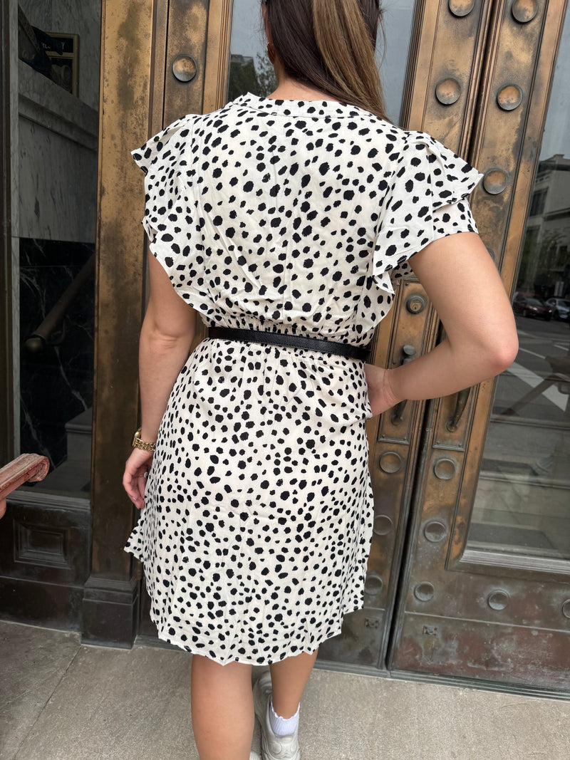 Stylish Ruffled Animal Polka Dot Print Button-Up Dress for Women, perfect for brunch or casual outings. Embrace your wild side!