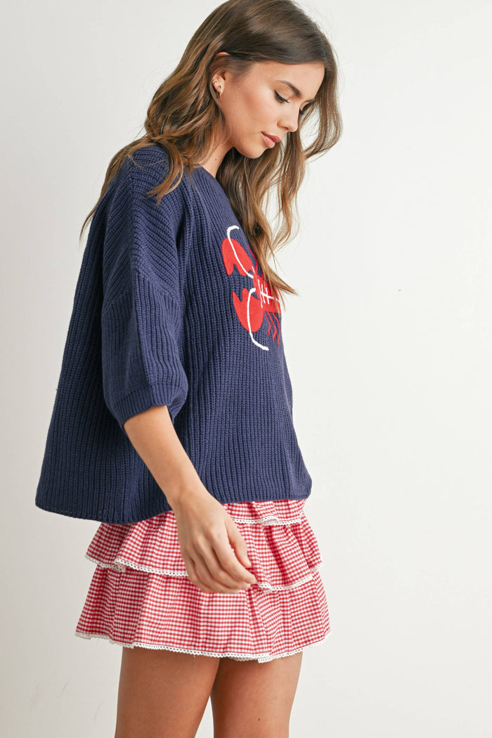 Oversized Printed Sweater - with Lobster Graphic
