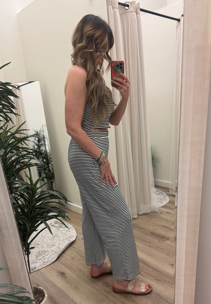 Stripe Pattern Tube Top & Wide Leg Pants Set