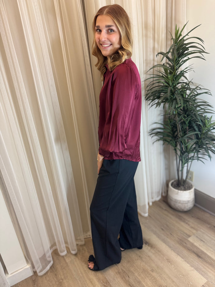 Merlot Satin Smocked Sleeve Button-Up | SeaJay’s Boutique