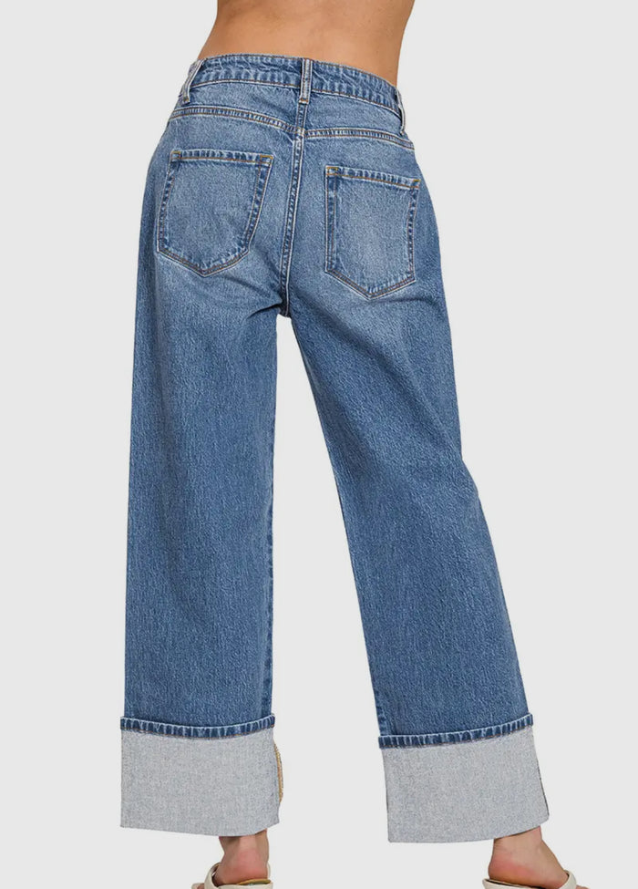 High Rise Wide Leg Cuffed Jeans
